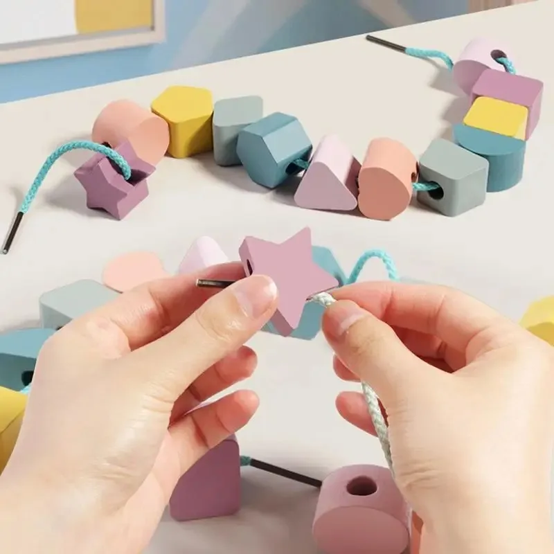 Kids Color Shape Matching Toys Montessori Wooden Puzzle Game Fine Motor Skills Training Lacing Beads Games Educational Toy 3
