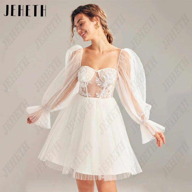 

JEHETH мини кружевное Милое Свадебное платье для женщин тюлевые Свадебные платья с пышными рукавами ТРАПЕЦИЕВИДНОЕ иллюзионное платье с открытой спиной для принцессы мини кружевное Милое Свадебное платье для женщин тюл