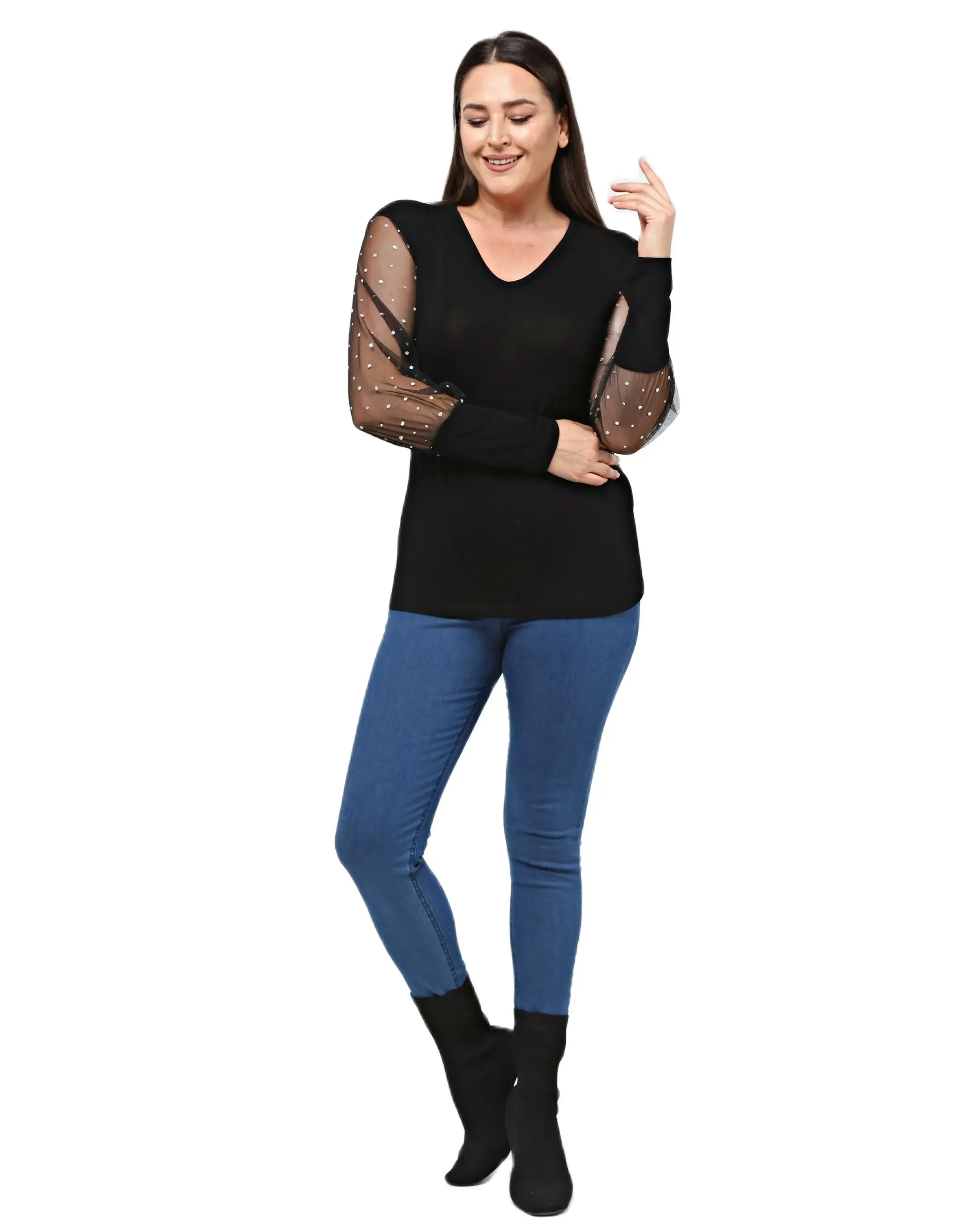 Women’s Plus Size Black Blouse Transparent And Sparkly Dot Detail, Designed and Made in Turkey, New Arrival