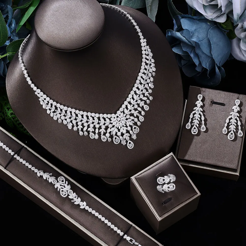 

Exquisite UAE Dubai Wedding Party Bridal Jewelry Sets Cubic Zircon Earrings Necklace Bracelet Ring 4pcs Full Set