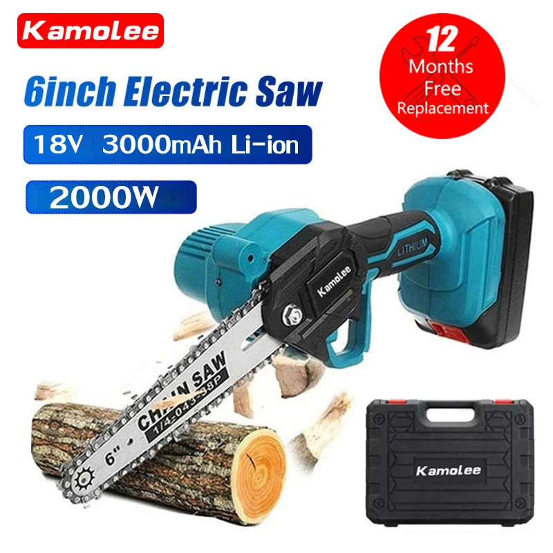 

Kamolee 6 Inch Cordless Brush Motor Chainsaw 1200w Woodworking Garden Decoration [Package and Battery Quantity Optional]