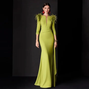 Customized Wedding Guest Dresses for Women Green Feather Ruffles Button Formal Evening Gown Mermaid Deep V Neck Party Dress Long 1