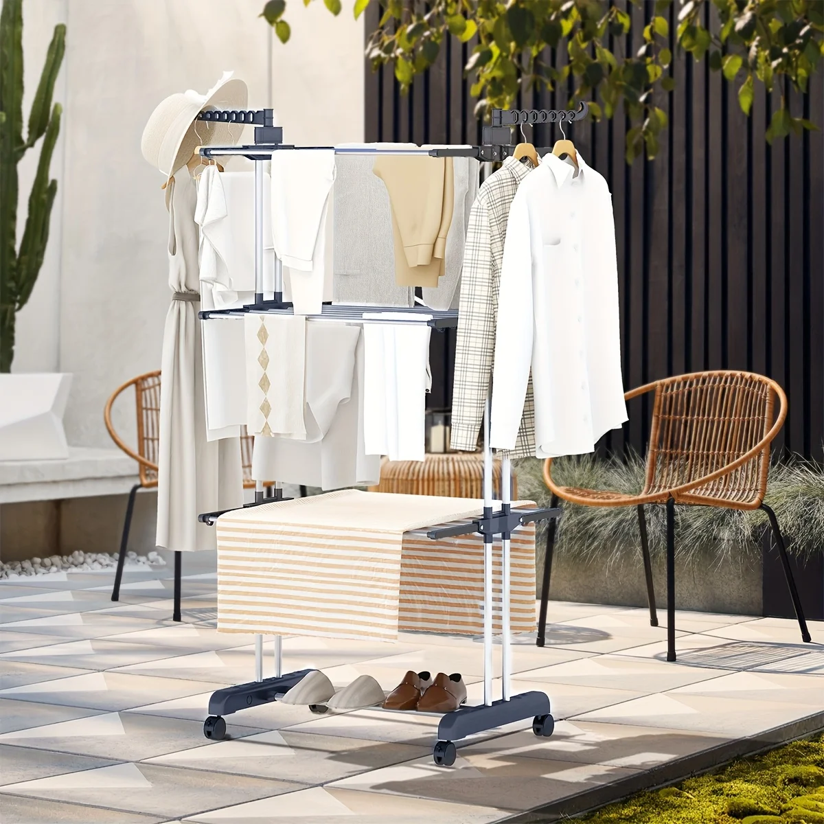 Clothes Drying Rack,4-Tier Foldable Stainless Steel Drying Rack Clothing, Movable Drying Rack 4 castors,for Bed Linen,Clothing 4