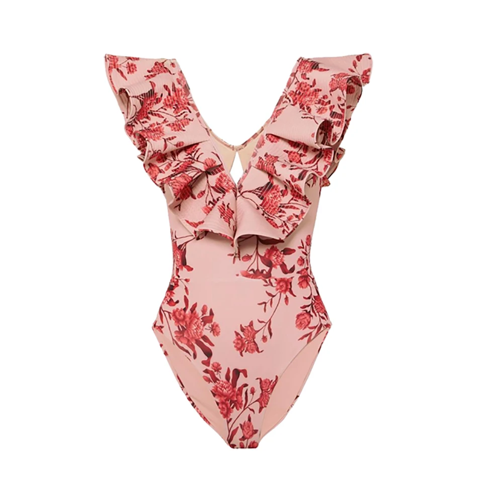 

Summer Ruffle Diagonal Collar One Piece Swimsuit Women Shoulder Pleated 2022 Swimwear Triangle Bikini Backless Surf Wear Biquini