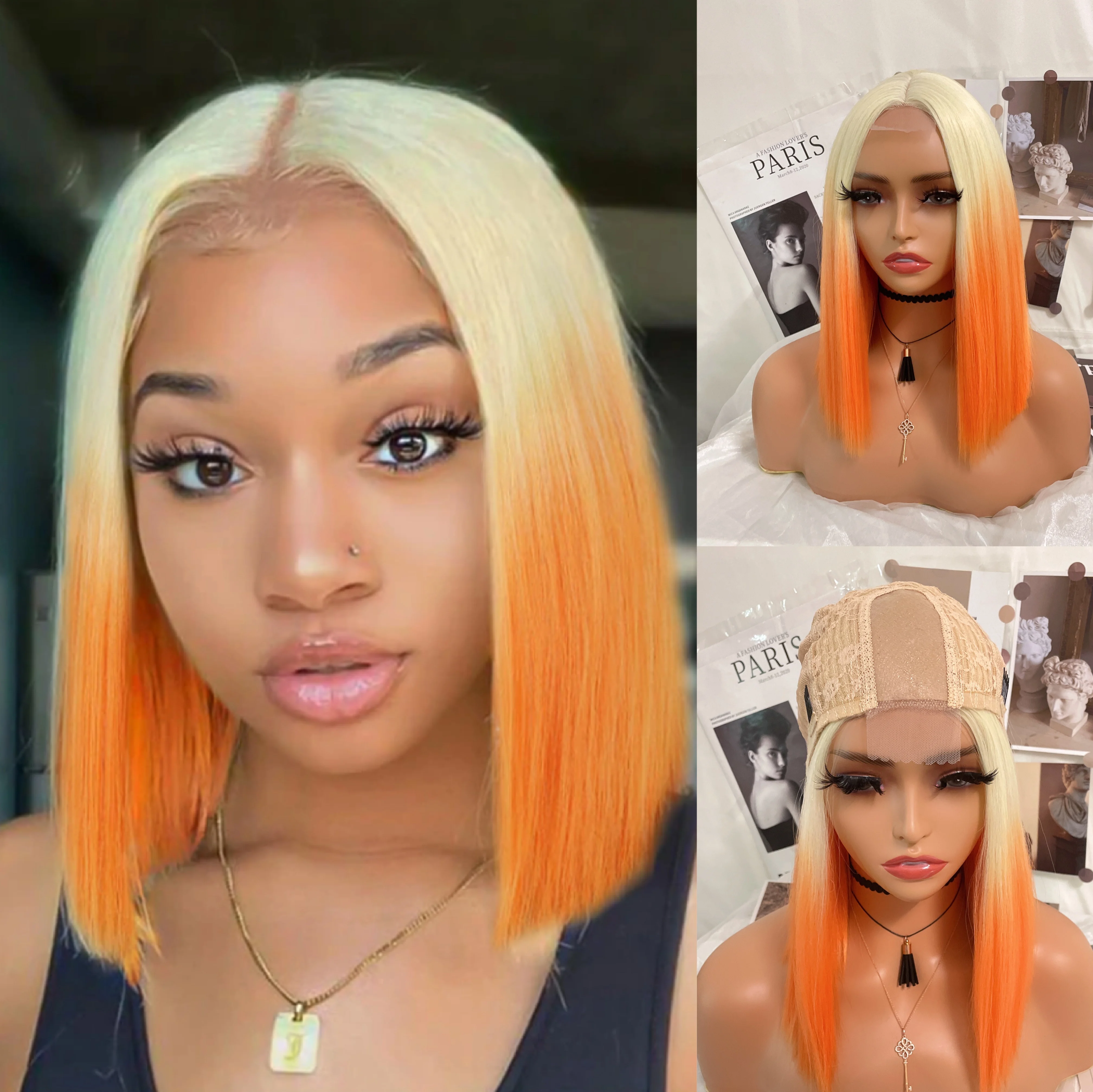 

WIGERA Synthetic Highlights Short Blonde Orange / Pink Red Straight Bob Hair Mini Small Part Lace Natural Wigs For Women