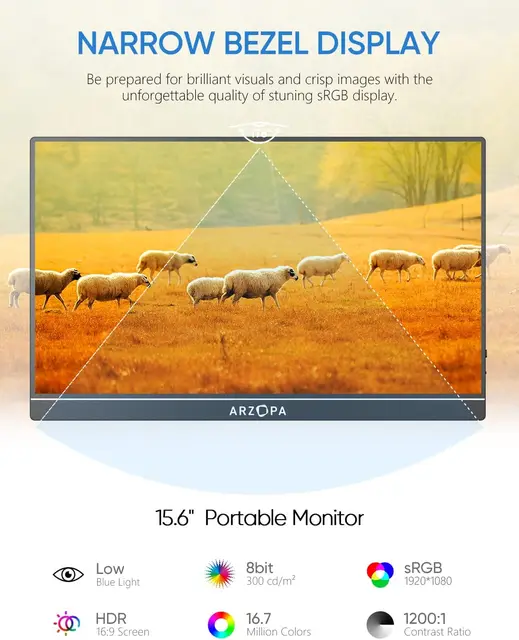 넓은 시야각과 뛰어난 색상을 제공하는 Arzopa 15.6'' 포터블 모니터
