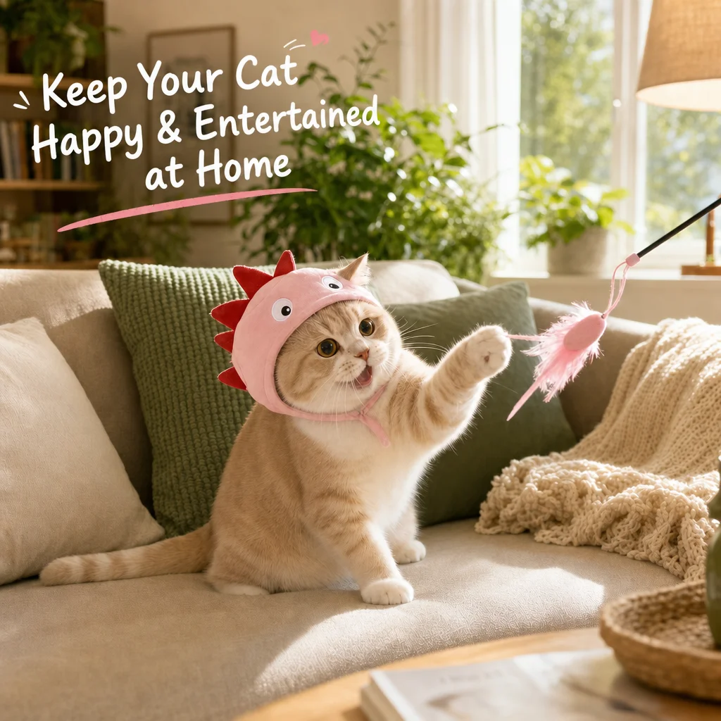 Cat toy for self-entertainment and relaxation; cat toy stick with head cover and long handle, durable and bite-resistant.