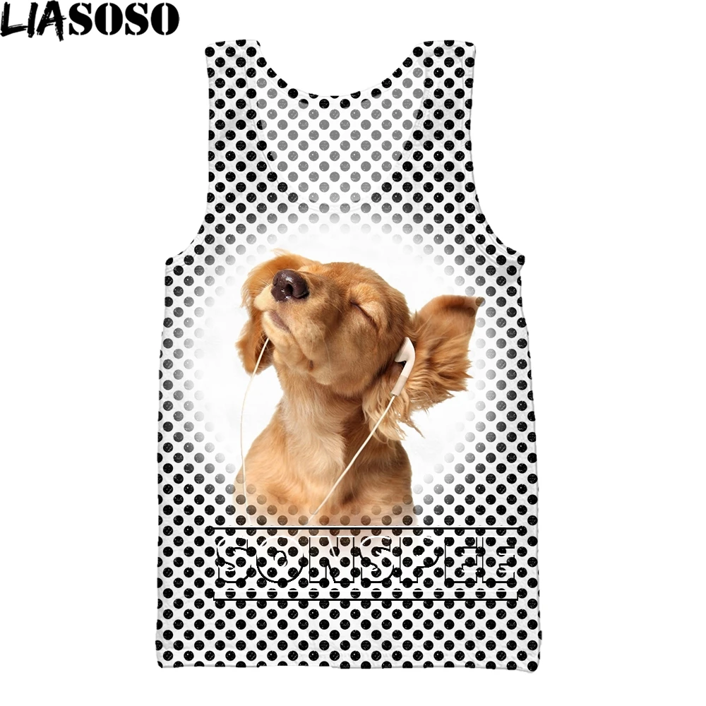 

LIASOSO Cute Music Teddy Pet Dog Spotted Pattern Black White 3D Modern Print Men Street Vest Sleeveless Hip Hop Clothing Popular