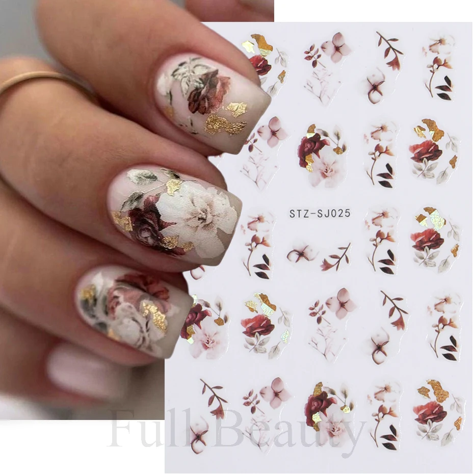 Nail Stickers Nail Art Decoration Nail Decals Flower Stickers 3D Fall Nail Stickers Gold Leaf Cotton Flowers Transfer Decals Nail Adhesive Sliders Manicure Autumn Decorations TRSTZ-SJ