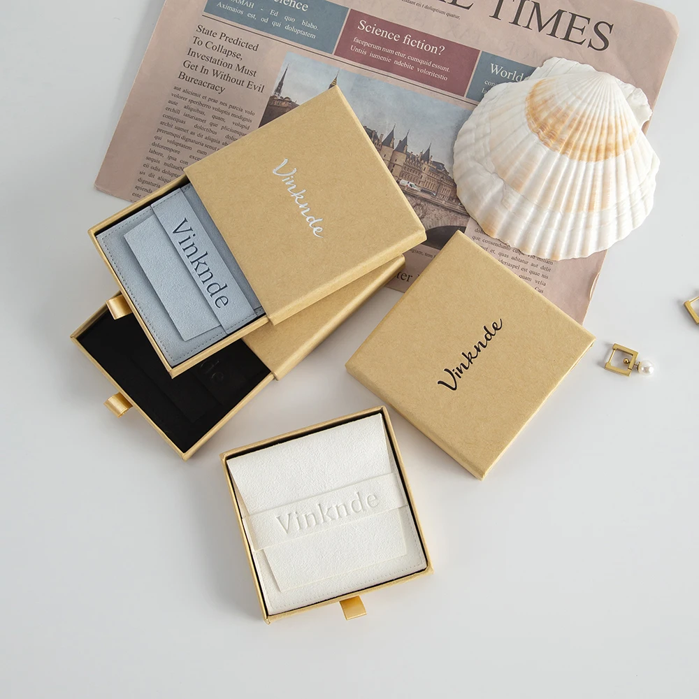 7x7x1.7cm Custom Kraft Jewelry Drawer Box with Microfiber Bag Pouch Personalized Logo Small Paper Gift Packaging Christmas