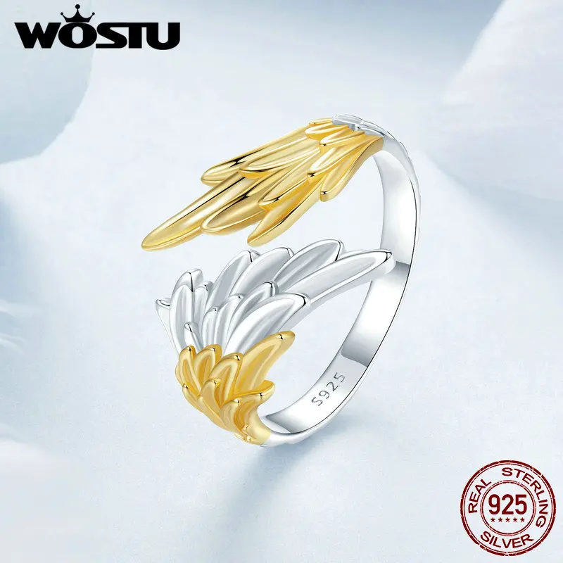 WOSTU 925 스털링 실버 빈티지 투톤 윙 링, 14K 금도금 핑거 링, 여성용 오리지널 파인 주얼리 선물, 0.31cm 