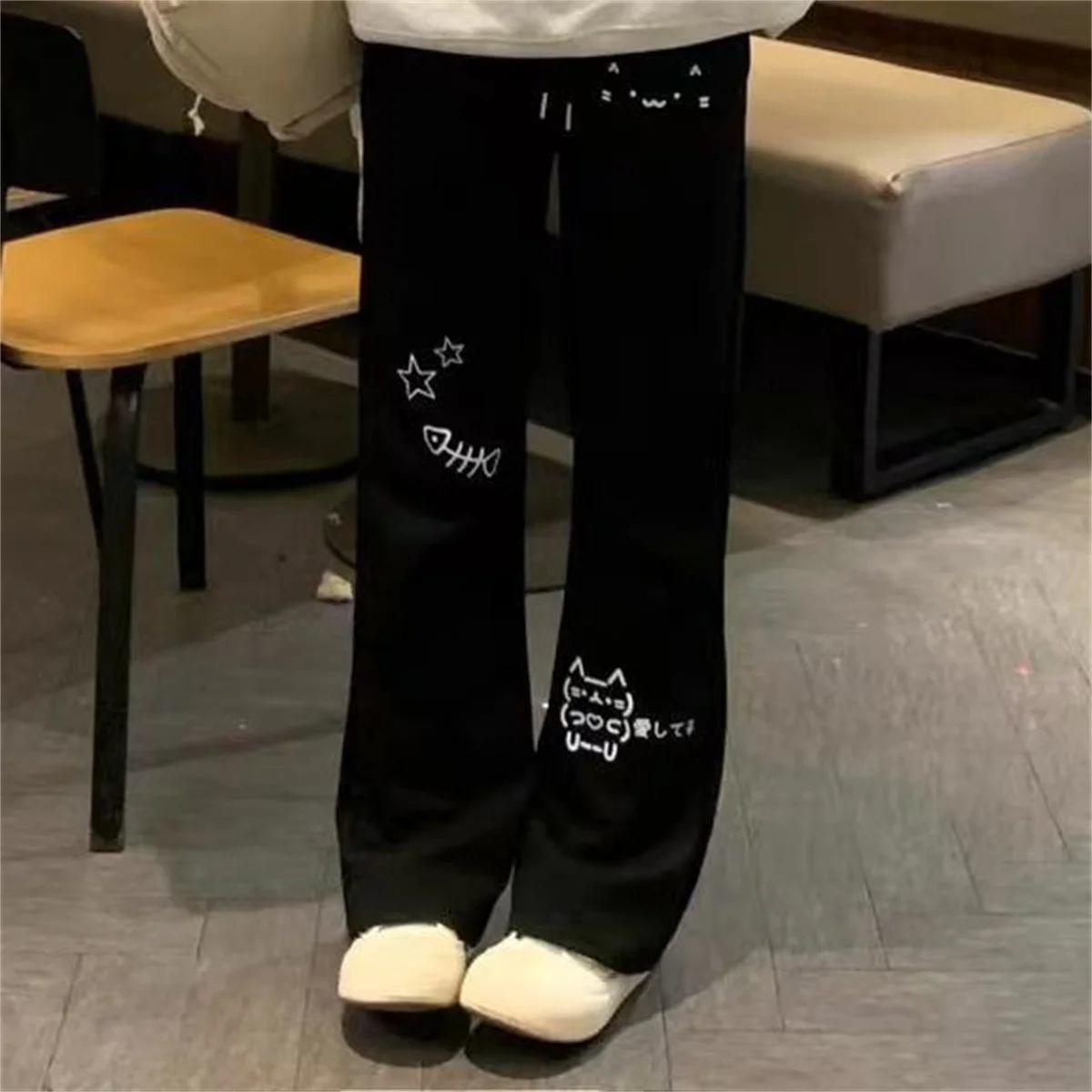 Japanese Wide Leg Cargo Pants Women Cartoon Print Preppy Style Pantalones Mujer Y2k Aesthetic Grunge Pocket Joggers Sweatpants