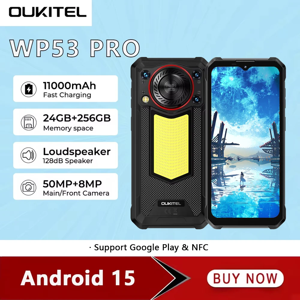 OUKITEL WP53 PRO 4G Rugged Smartphone Android15 6.52 Inch 24GB RAM+256GB ROM Mobile Phone 11000mAh 50MP 18W Cell Phones NFC