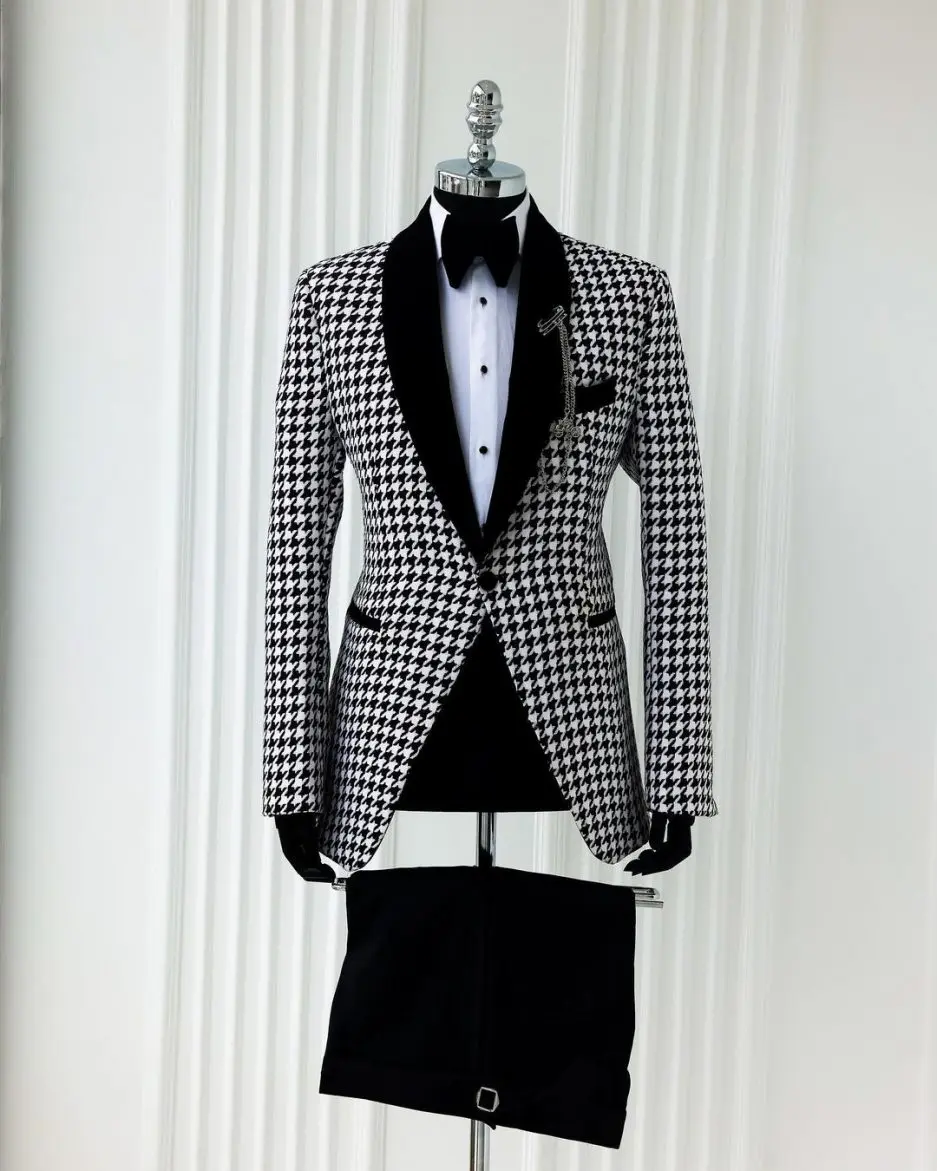 Houndstooth Men's Suit 2 piece Collar Jacket black Pants Wedding Groom Tuxedo size Blazer for Men