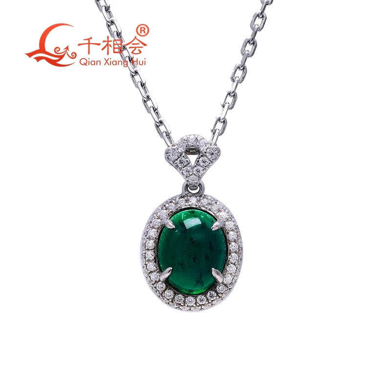 

green color emerald pendant Created Hydrothermal Emerald Flat back oval cabochon 8*10mm 925 silver melee D moissanite Wedding