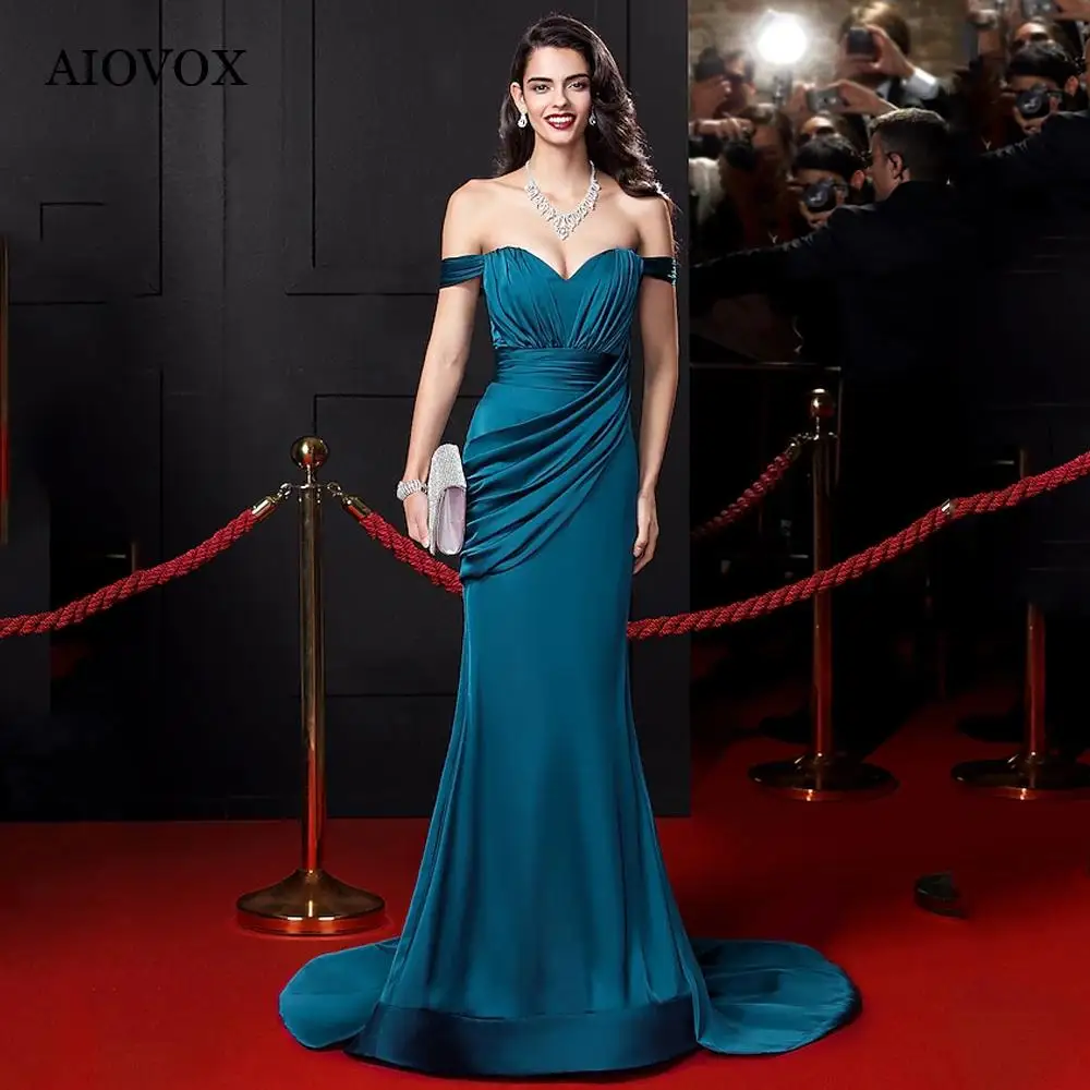 

AIOVOX Formal Stain Mermaid Evening Dresses For Women 2023 Off The Shoulder Simple Vestidos De Noche Sweep Train Robes De Soirée