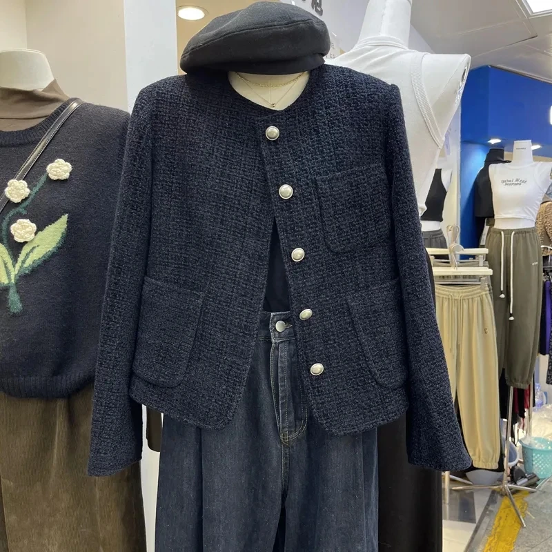 

Женское универсальное однобортное пальто, Черное короткое пальто в французском стиле с грубым запахом, весна-осень 2023