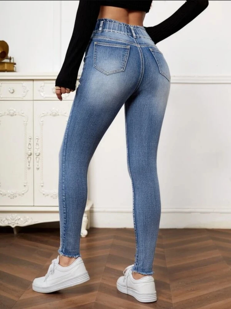 Autumn New Fashion High Stretch Elastic Waist Ripped Jeans For Women / Casual Skinny Slim Denim Pencil Pants / S-2XL