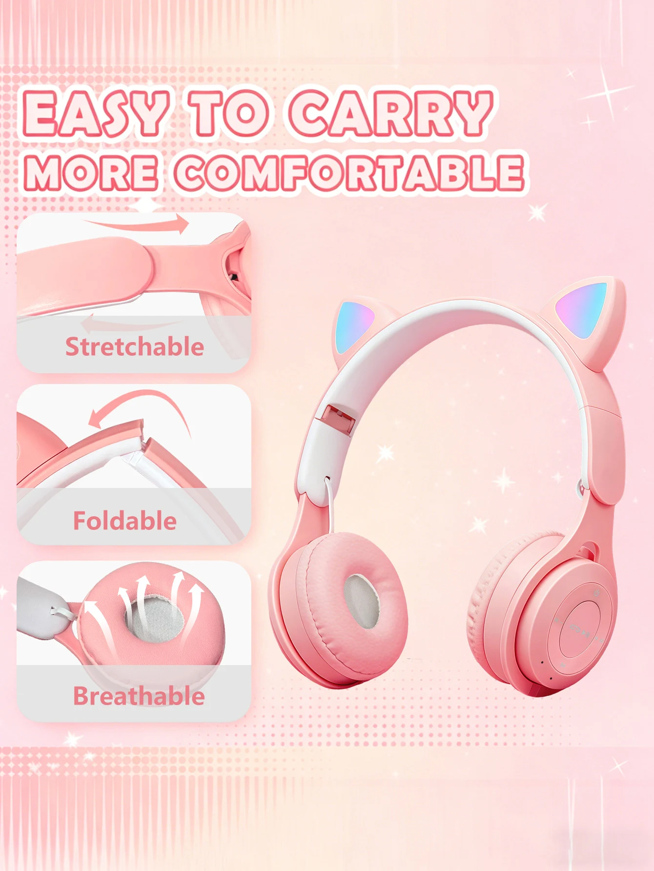 Cuffie a forma di orecchie di gatto con tecnologia wireless, effetto di illuminazione RGB, BT 5.0 con bassa latenza, batteria a lunga durata, come regalo. - Image 6