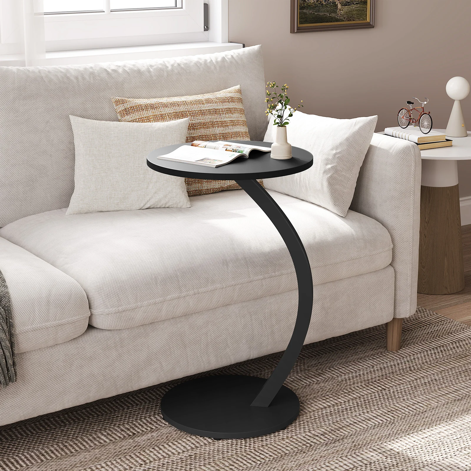 Tavolino Regolabile In Altezza A Forma Di C - 50-80cm, Piano Girevole 360° Con Ruote - Per Letto E Divano