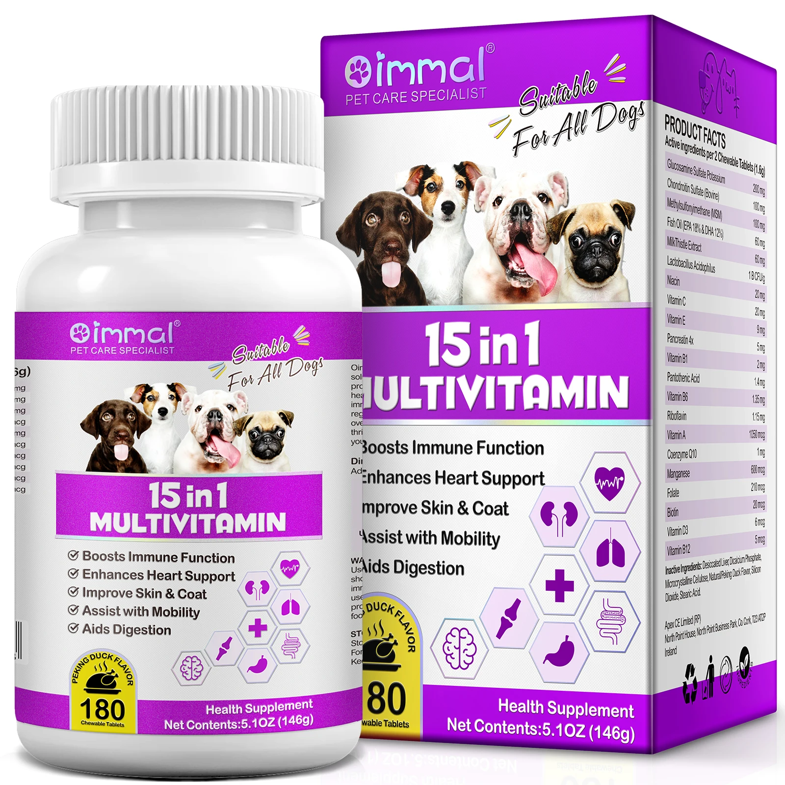 15 in 1 Multivitamin 180 Chewable Tablets Suitable For All Dogs Boosts Immune Function Enhances Heart Support Peking Duck Flavor pet nutrition supplement pet multivitamin supplements