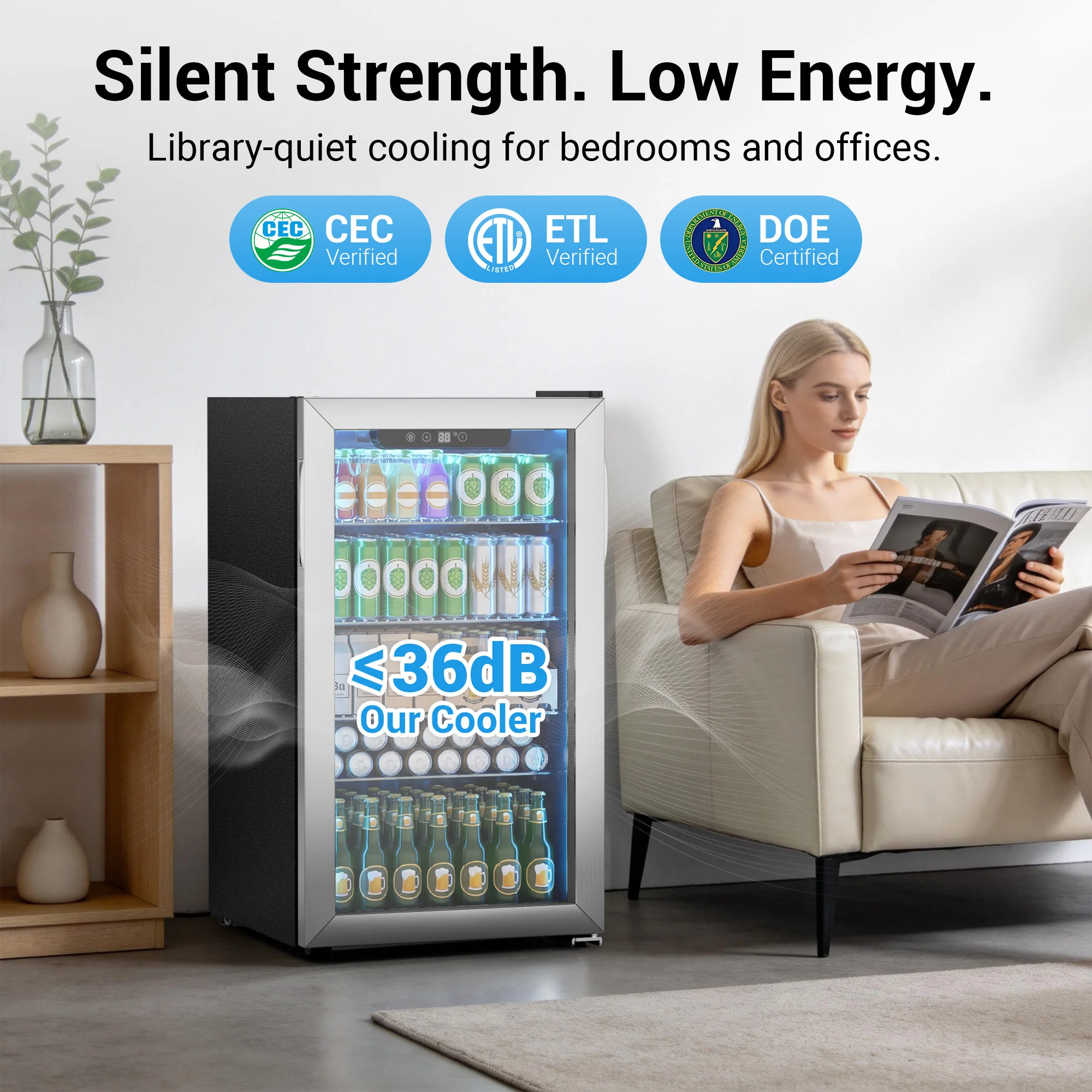 Beverage Refrigerator and Cooler, 130 Can Mini Fridge with Glass Door for Soda Beer for Office, Bar Adjustable Removable Shelves 5