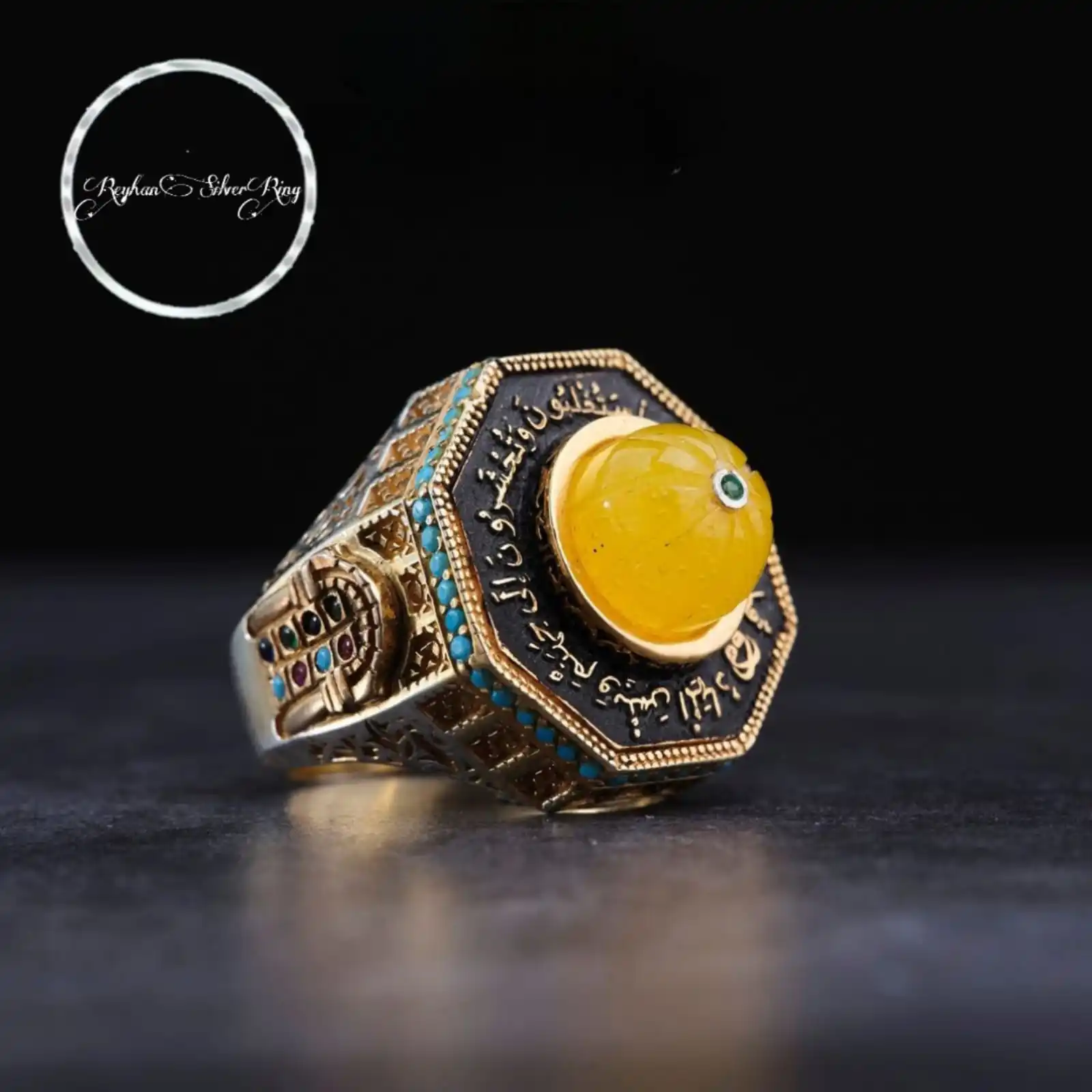 

Yellow Katalin Amber Silver Ring- İslamic 925K sterling Silver- It is Decorated with Arabic Writings Around it
