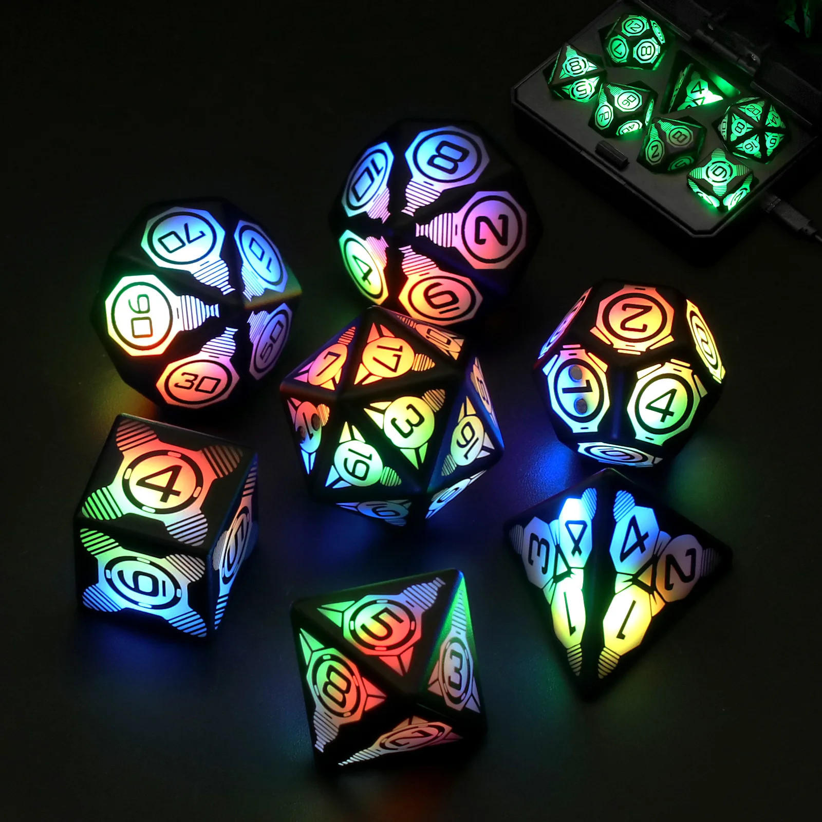 DBR 7PCS Glowing Electronic Dice Light Up Dice  Set with Charging Box Rechargeable 396lb 180kg hand strength meter digital electronic grip strength gauge lcd hand force meter with backlit charging cable