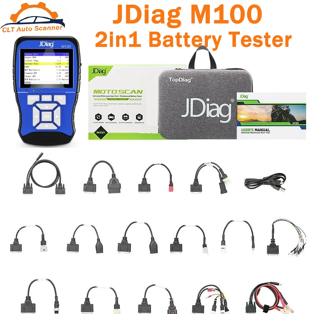 

Jdiag M100 Motorcycle Diagnostic Tool Scanner Tester Scanner Moto 2in1 Battery Tester Universal Motorcycle Scanner Multi-Languag