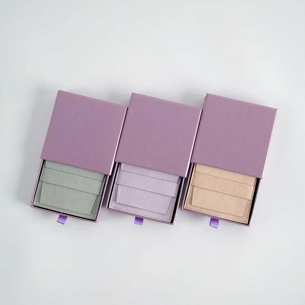 7x7x1.7cm Purple Drawer Cardboard Box Custom Logo Microfiber Jewelry Gift Bag Pouch Small Ring Brooch Packaging Personalized