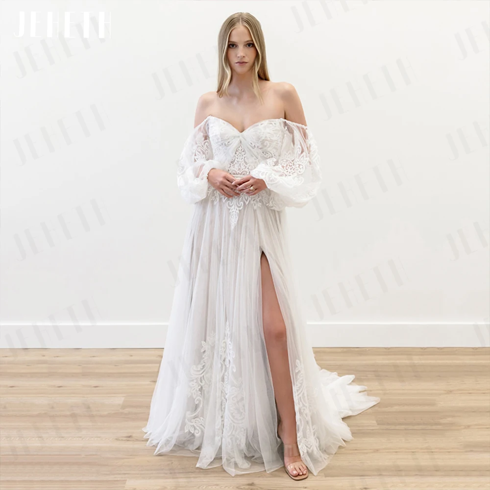 

JEHETH Boho Wedding Dresses Women Backless Puff Sleeves Split Lace Applique Bride Gown Off Shoulder Tulle Vestido De Casamento