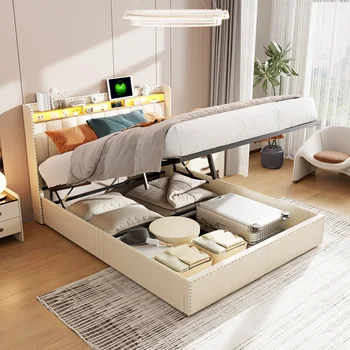 Rosahqnda Letto con rivestimento moderno Elegante letto a pressione d'aria con ampio contenitore Letto matrimoniale Camera da letto senza materasso 1