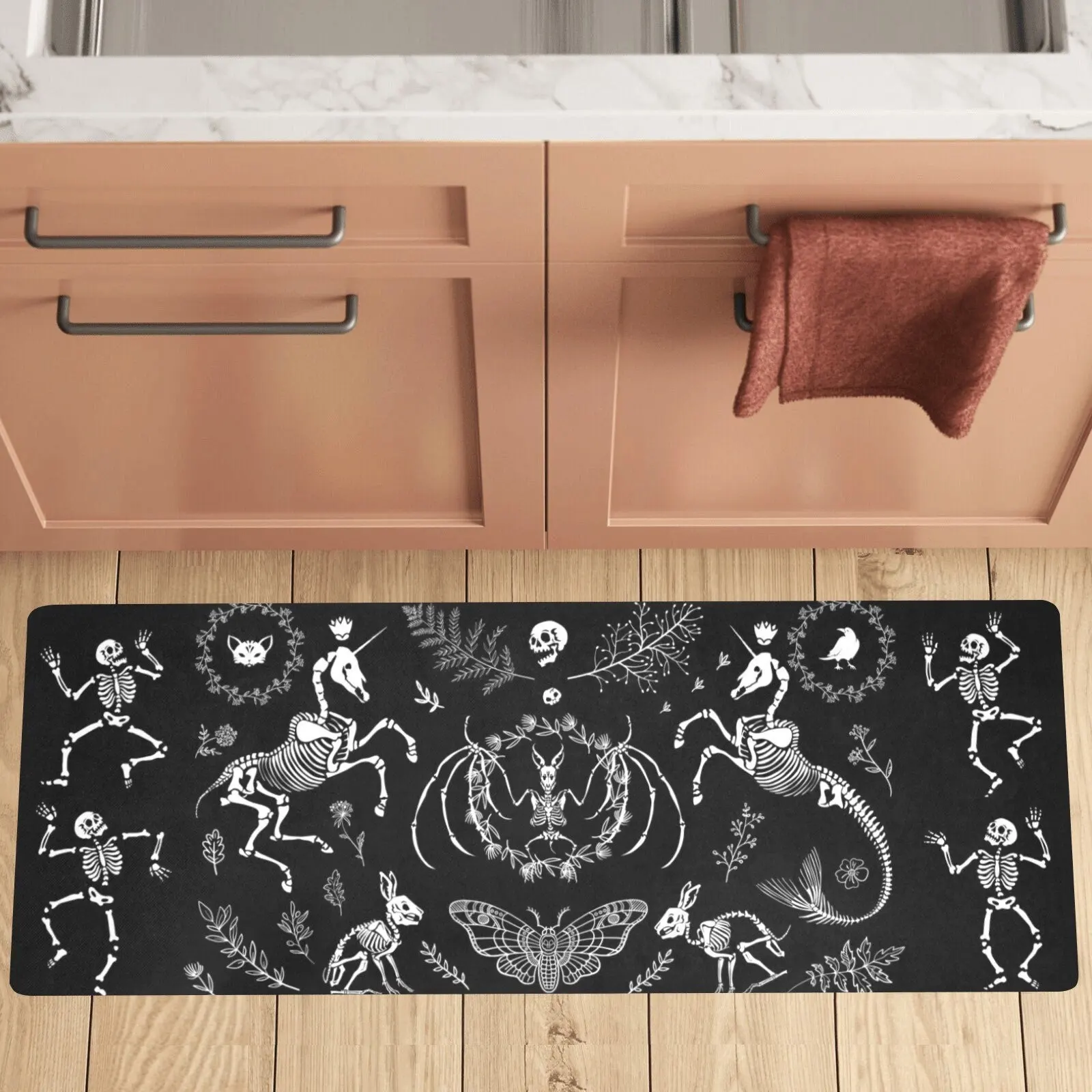 Goth Skeleton Skull Unique Kitchen Mat Gothic Home Decor Rug Black kitchen Halloween Witchcraft Home Occult Witch Decor Carpet