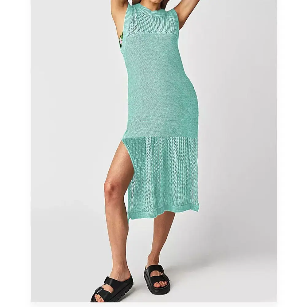 Women Sexy Crochet Swimsuit Cover Ups Sleeveless Hollow Out Long Swim Coverup 2024 Split Mesh Solid Color Beach Dress