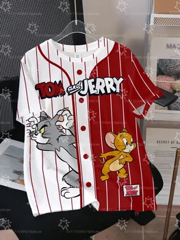 Tom and Jerry Stripe Design Print Summer T-shirt Children's Minimalist Casual Sports Short Sleeve Round Neck Pullover Loose Top 1