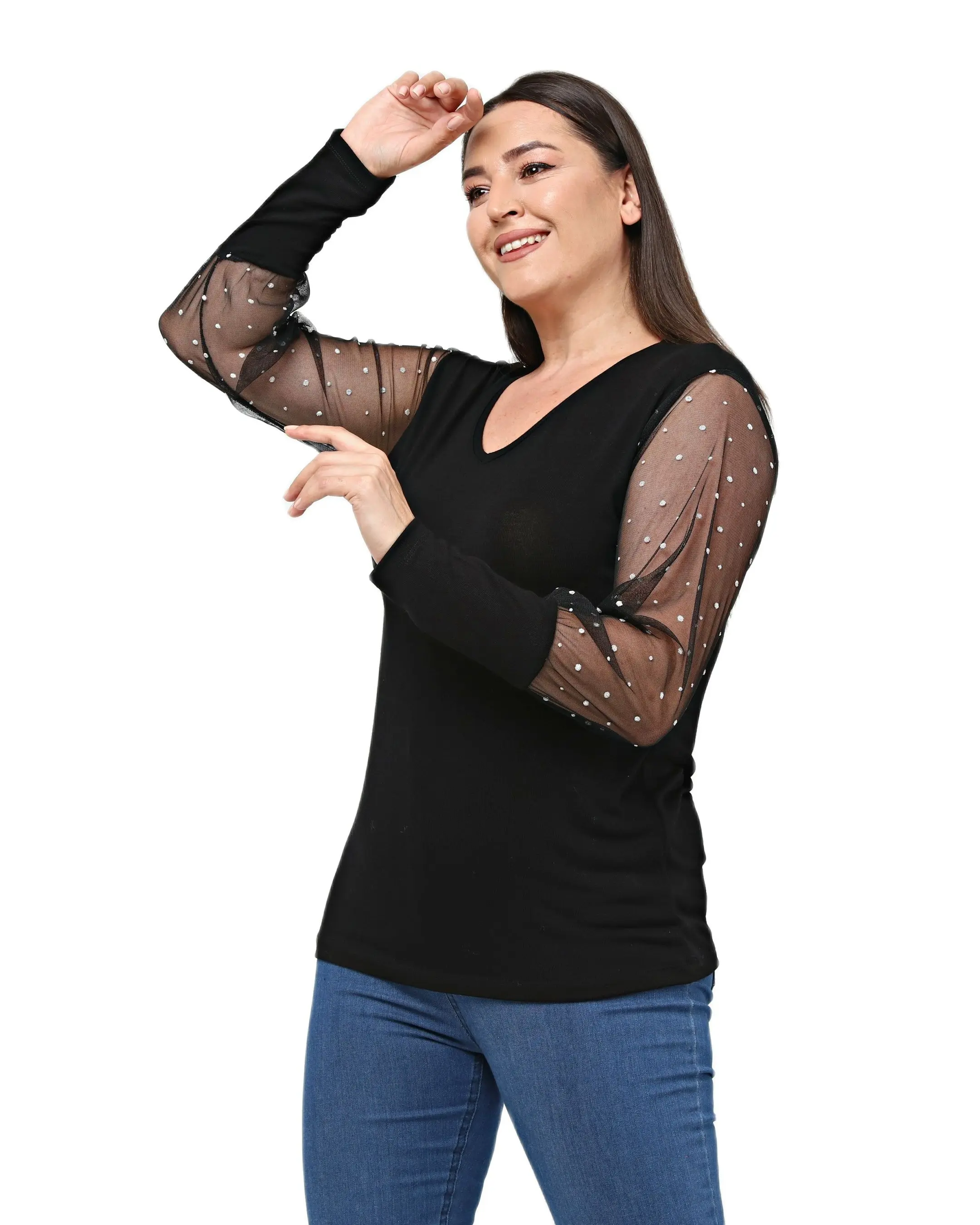 Women’s Plus Size Black Blouse Transparent And Sparkly Dot Detail, Designed and Made in Turkey, New Arrival