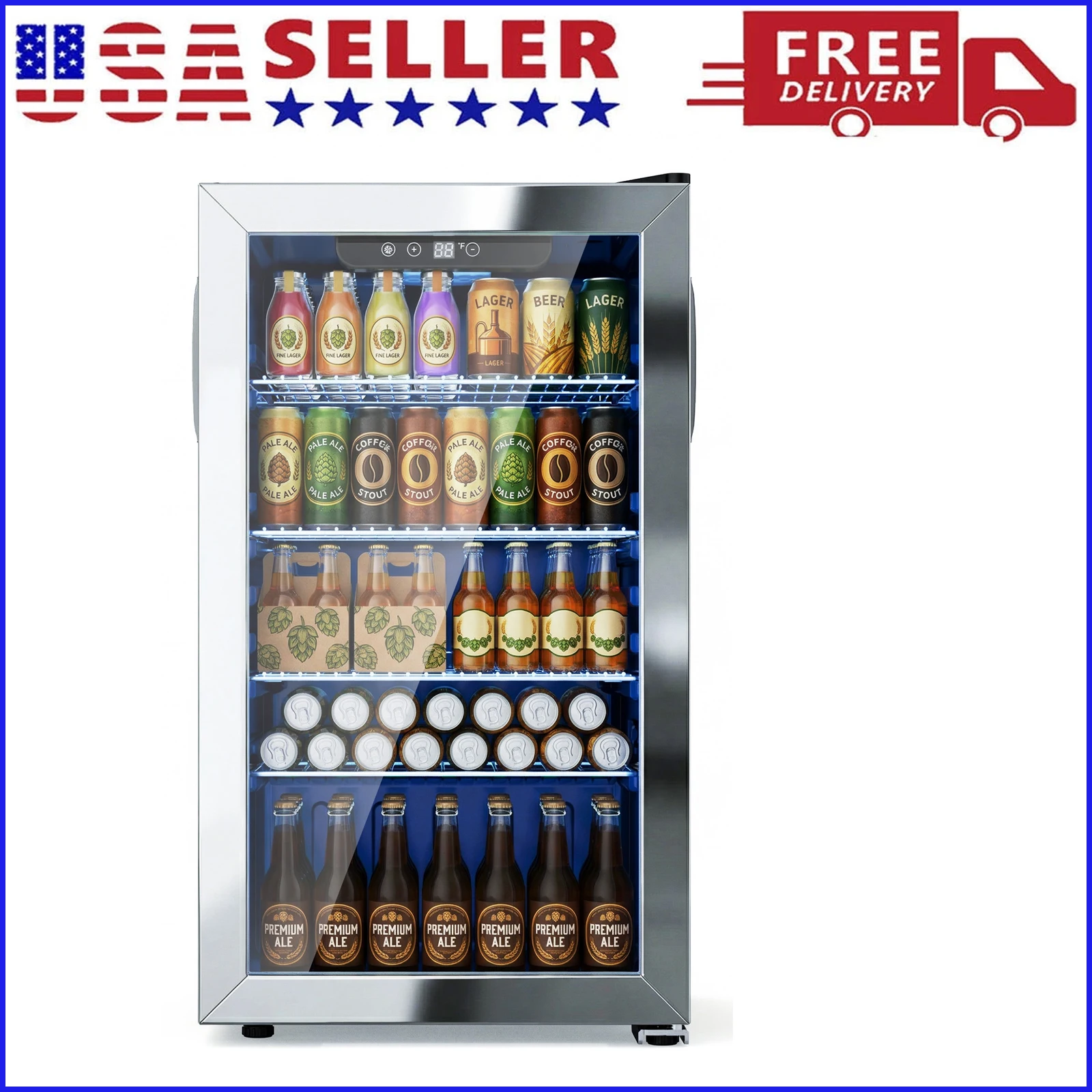 Beverage Refrigerator and Cooler, 130 Can Mini Fridge with Glass Door for Soda Beer for Office, Bar Adjustable Removable Shelves 1