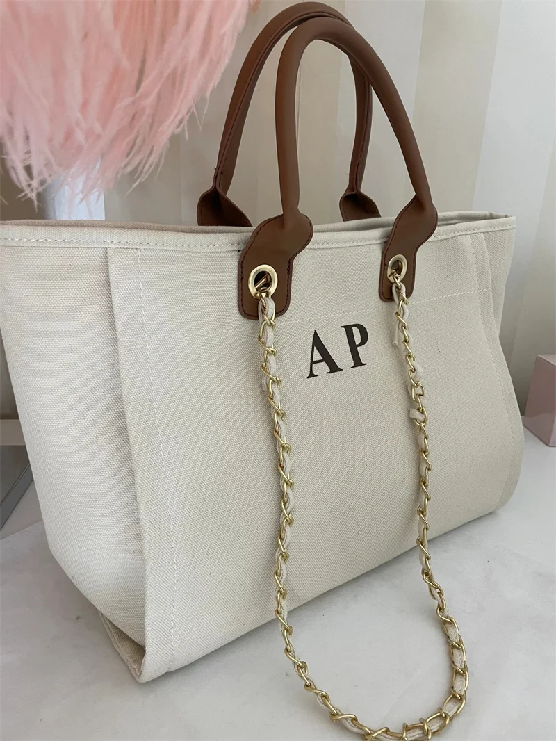 Monogram Tote Bag Canvas Beach Holiday Customized Initials Personalized Gift for Her Hen Party Bride Bachelorette Gifts For her