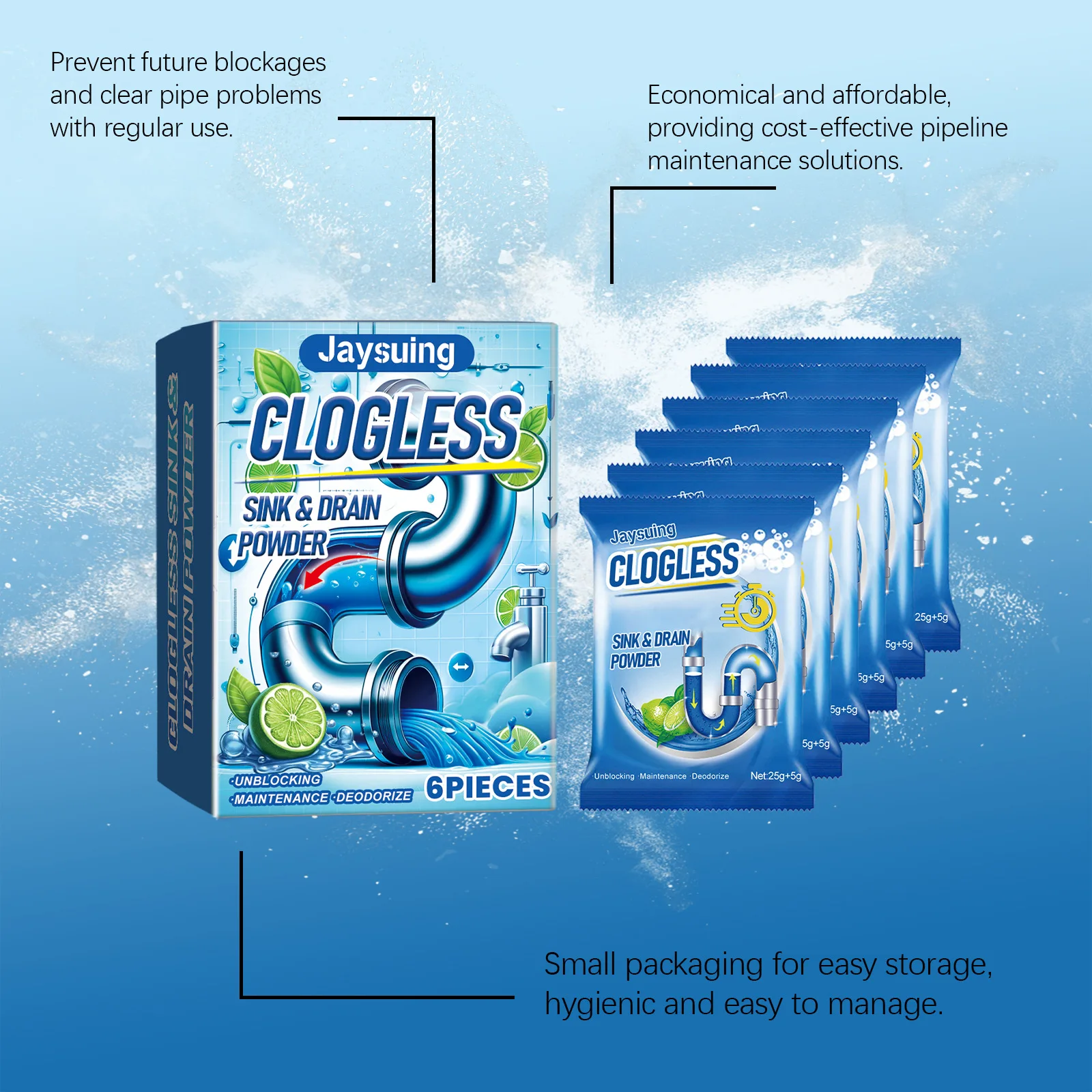 Jaysuing 6pcs Drain Pipe Blockage Removal Powder Clean Stubborn Clog Kitchen Sewer Deodorant Light Fragrance Pipe Dredging Agent