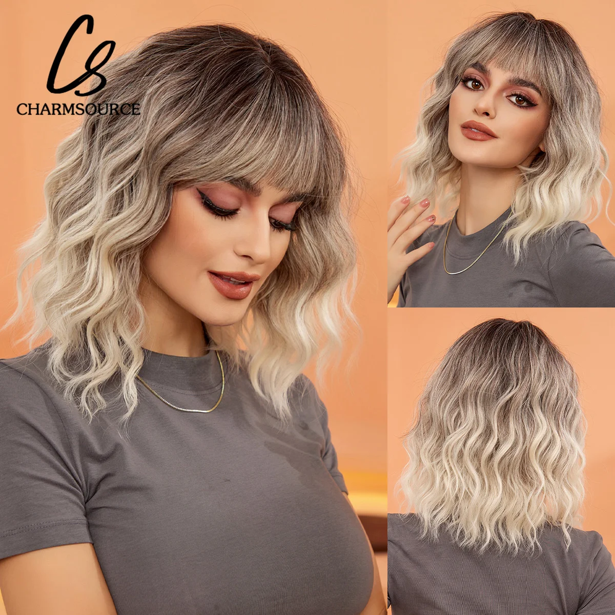 

CharmSource Short Natural Wave Curly BoB Hair Wigs Gray Ombre White Synthetic Wigs with Bangs for Women Daily Party High Density