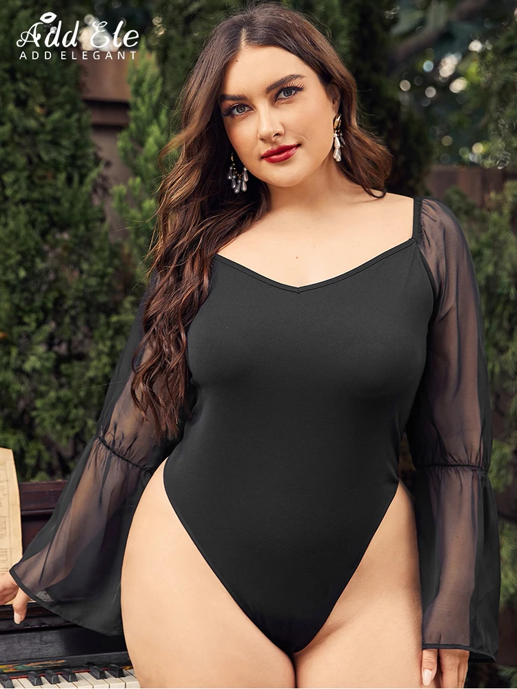 Add Elegant 2022 Autumn Plus Size Bodysuits Triangle for Women Solid V Neck Paneled Tulle Sleeve Casual Female Clothing B107