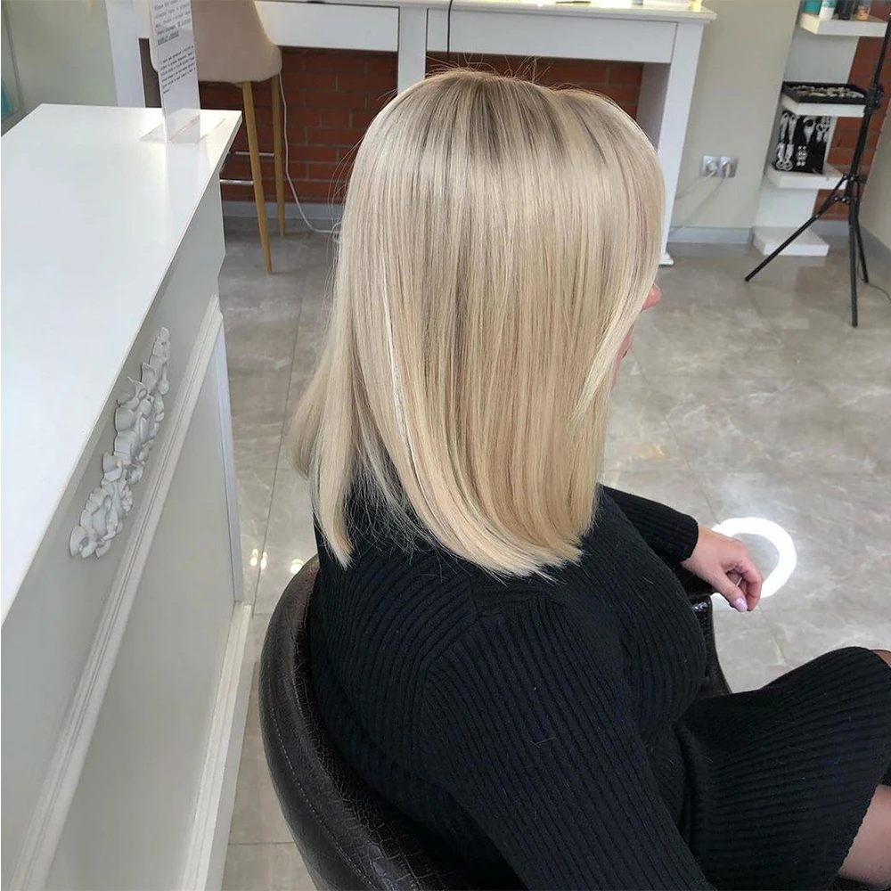 New in Cute Bob Wig Honey Blonde Ash Roots Melting Straight Lace Frontal Wigs with Bangs Brazilian Human Hair for Women Glueless