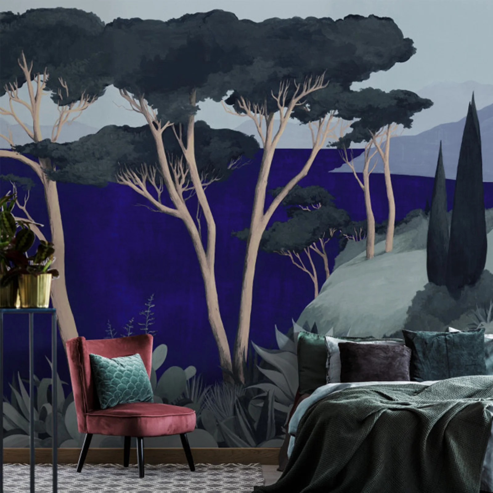 Paisagem Azul Wallpaper com Panorama das Montanhas Decoração Interior Decorativa Lago di Radia Azul Pintura a Óleo