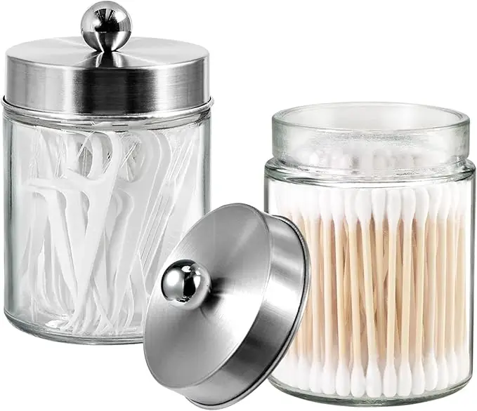 3-Piece Apothecary Jar Set, Stainless Steel Lids, Includes Stickers, for Q-Tips, Cotton Swabs, or Makeup Sponges, Brushed Nickel 2