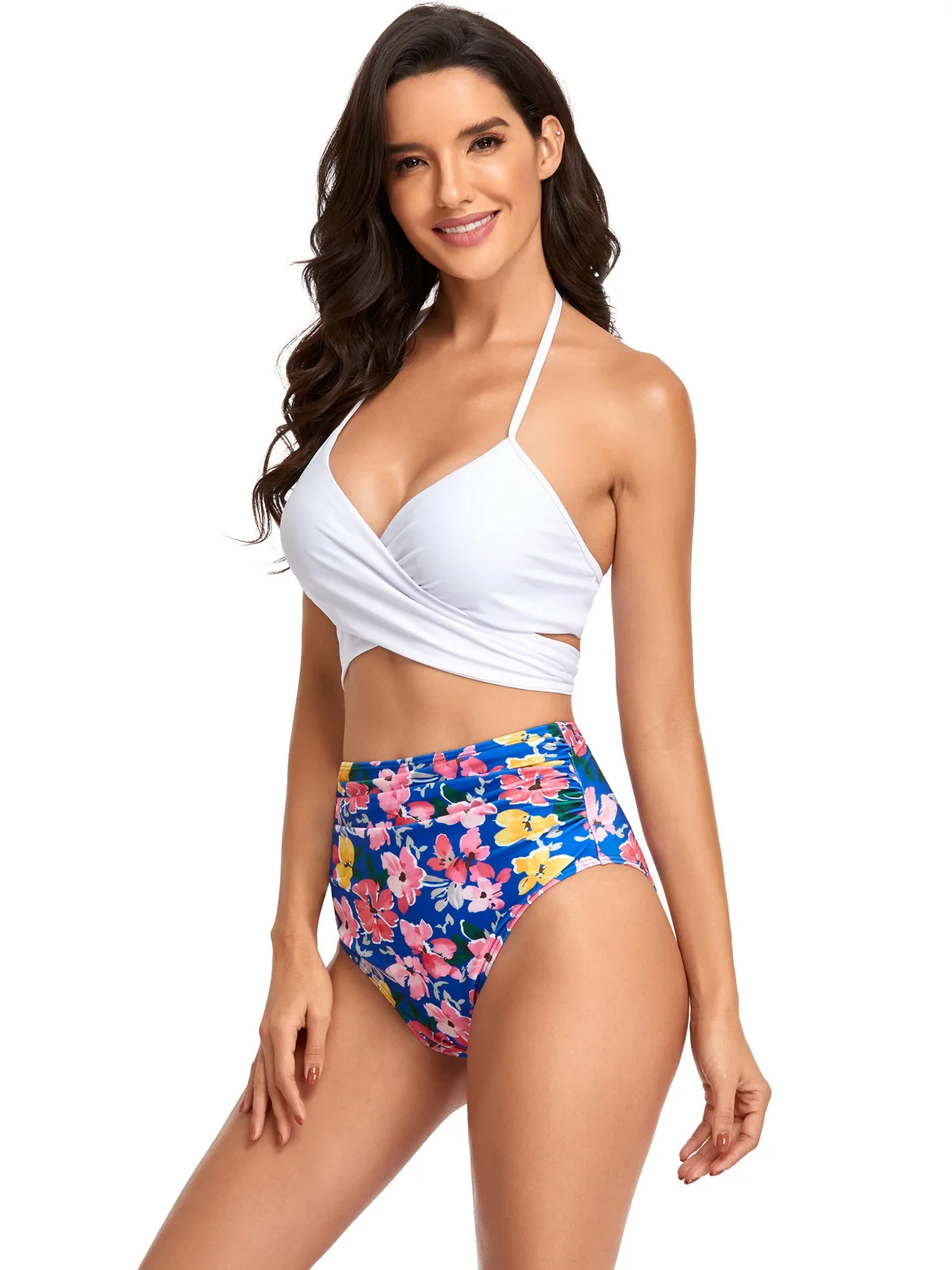 Sexy Girl Women's Clothing Wire Free Swimwears Polyester High Waist Triangle Pure Solor Striped Seal Cross -Speed Lace Bikini