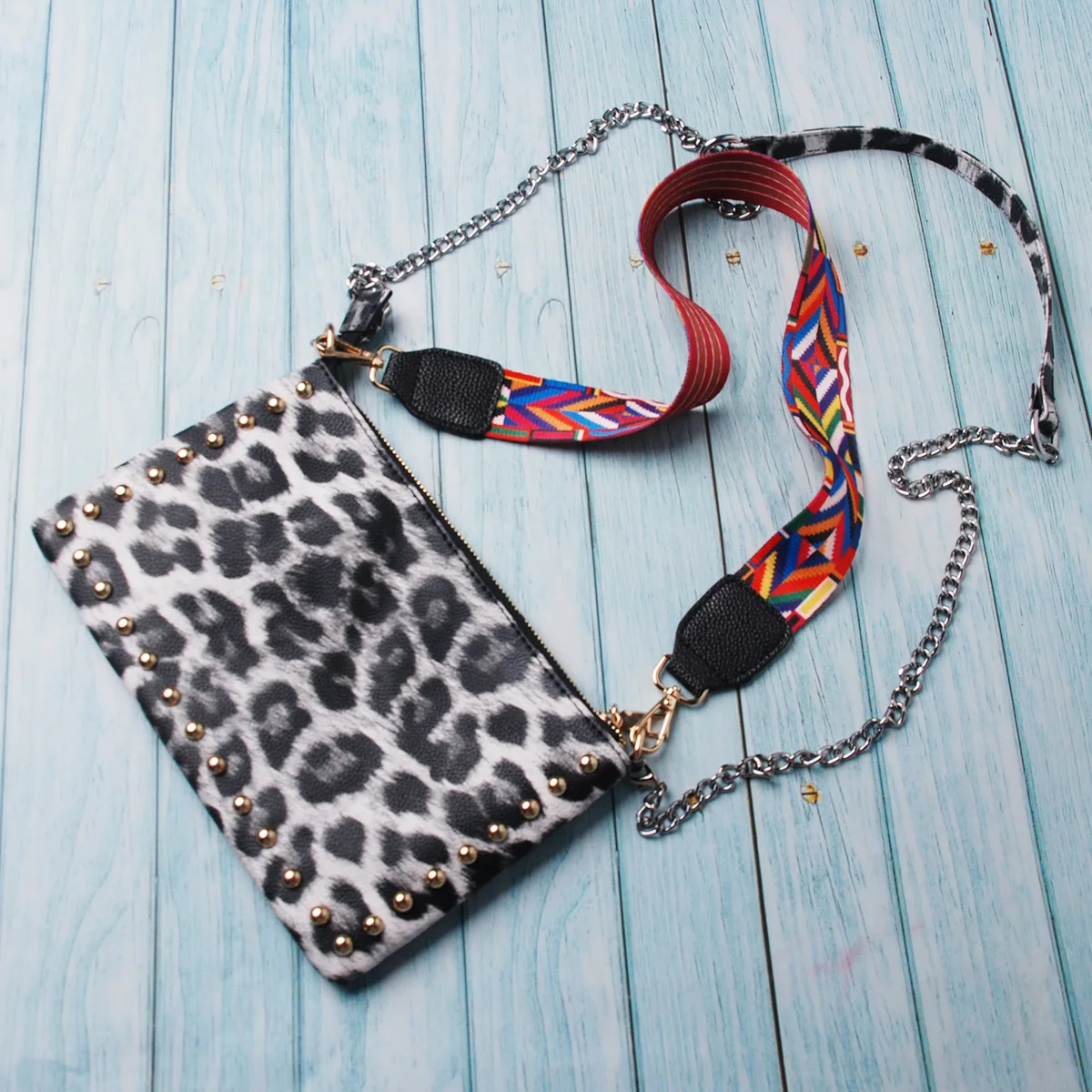 

Women Fashion Rivet Shoulder Purse Sling Studs Trims Bags Leopard PU Tote With Guitar Strap DOM-1111718