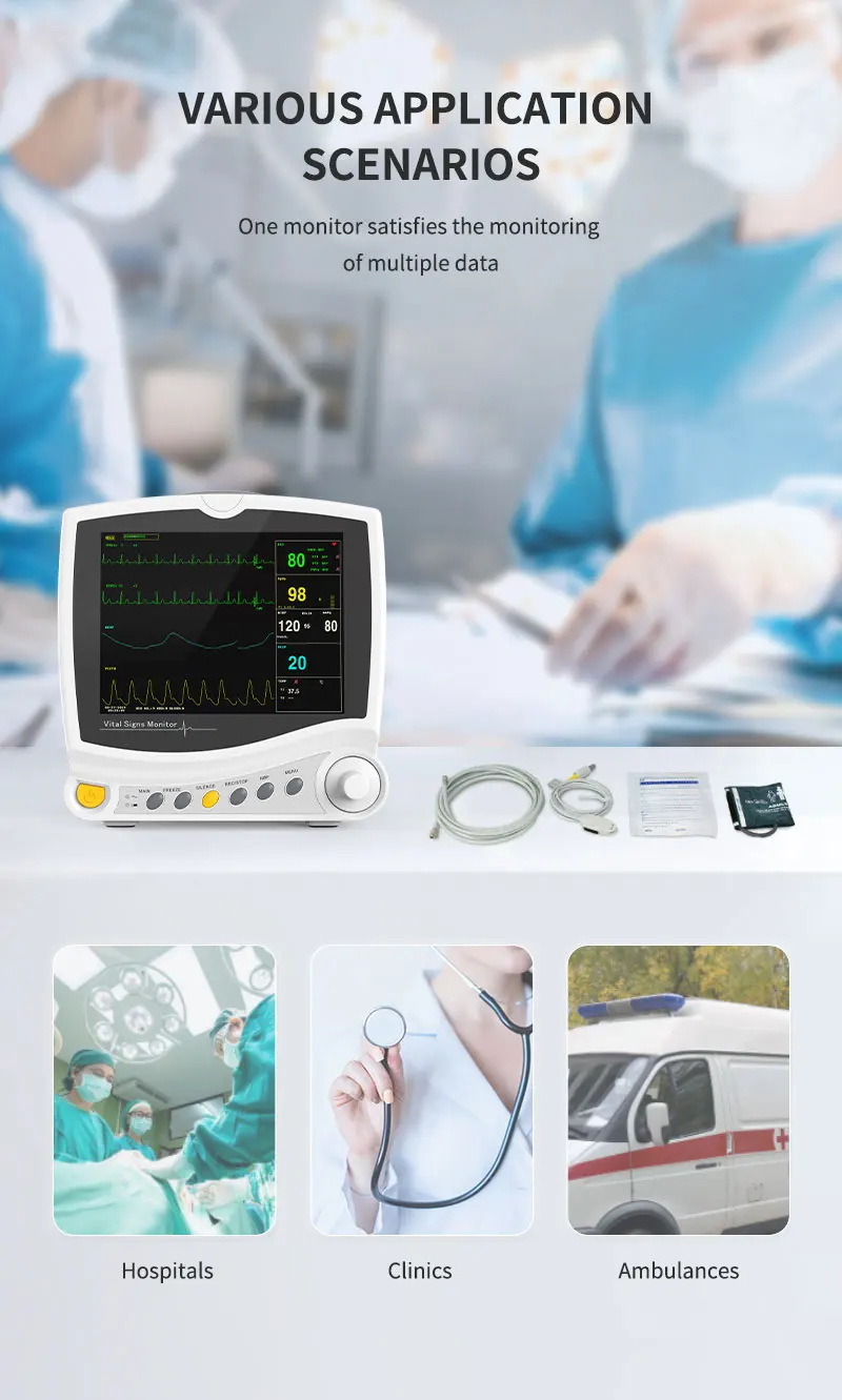 CONTEC ICU Portable 6 Parameters 8"Vital Signs Patient Monitor CMS6800 ECG NIBP RESP SPO2 PR TEMP, Free Infrared Thermometer