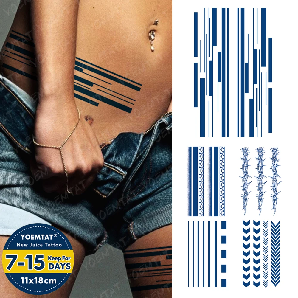 

Полуперманентные Геометрические линии в стиле Харадзюку, травяные водостойкие Временные татуировки, наклейки с соковыми чернилами, стойкие Временные татуировки для ног для мужчин и женщин