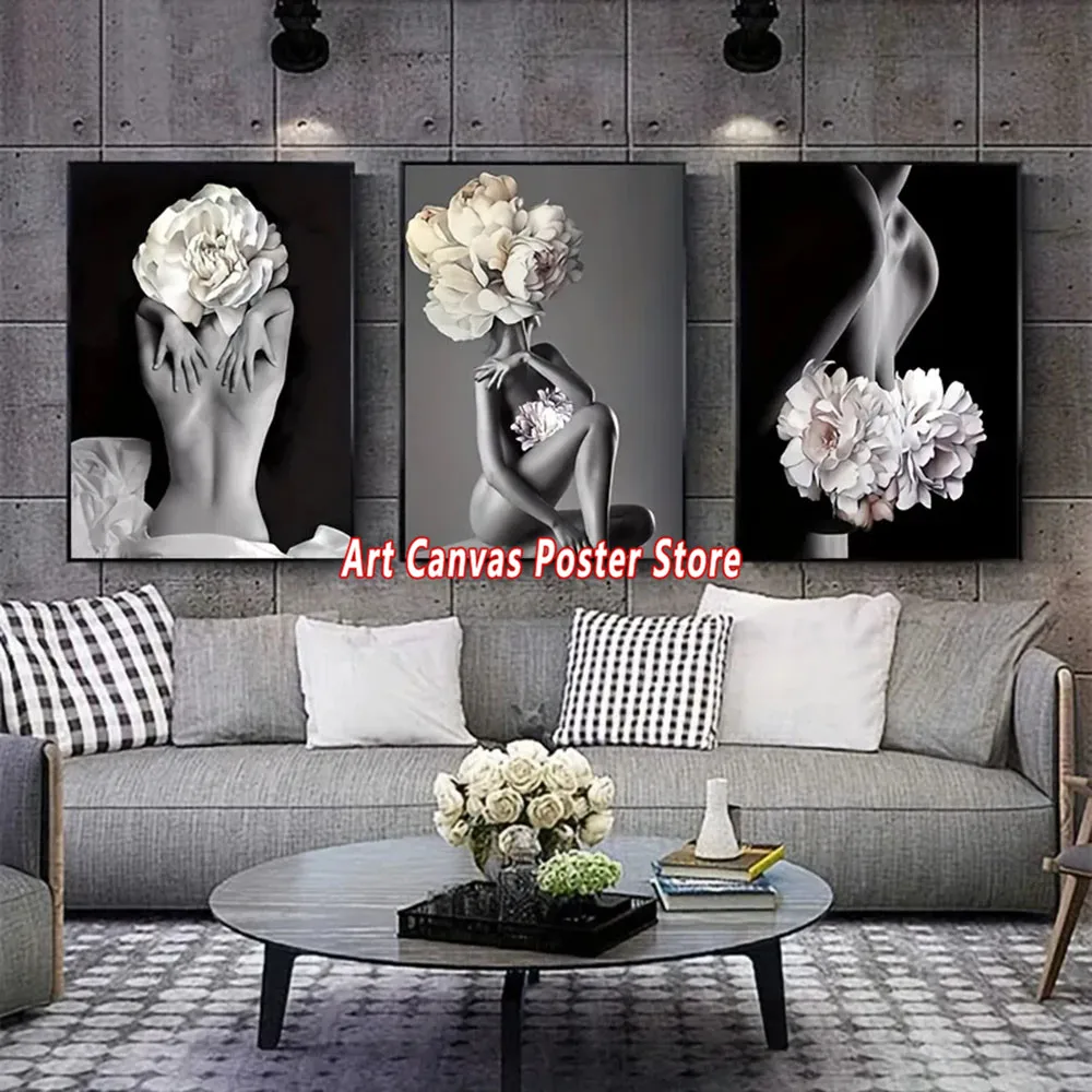

Flowers Feather Women Naked Sexy Poster Canvas Painting Print Wall Art Pictures for Nordic Living Room Home Decoration Cuadros