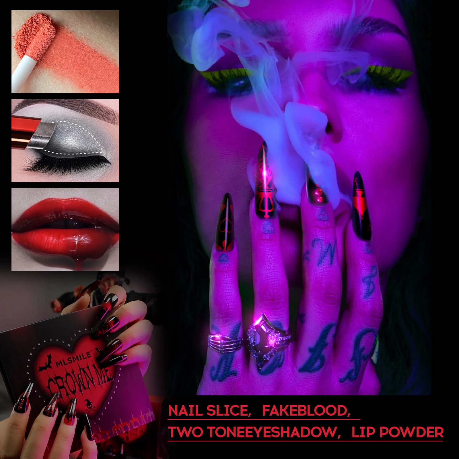Halloween Makeup Set Blood Lipstick, Pink Eyeshadow Combo with Nail Art & Tools Complete Halloween Cosmetics Kit